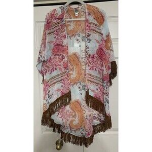 Ivy Jane Boho Fringed Duster Kimono Open Sheer Cardigan Size M (A52)
